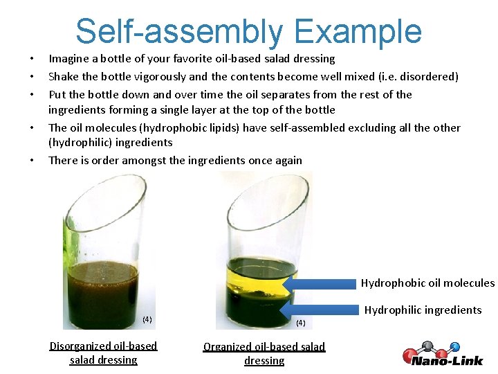 Self-assembly Example • • • Imagine a bottle of your favorite oil-based salad dressing