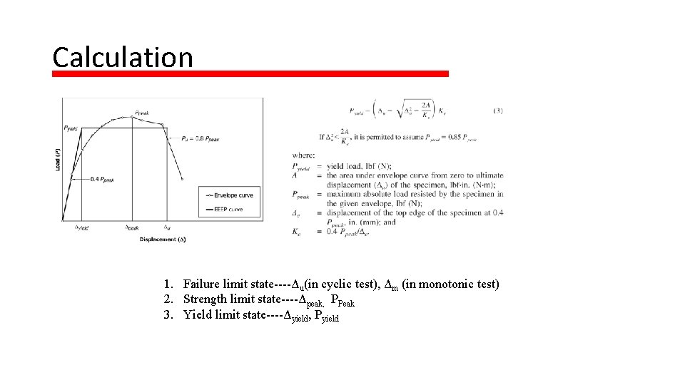 Calculation 1. Failure limit state----Δu(in cyclic test), Δm (in monotonic test) 2. Strength limit
