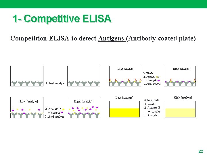 1 - Competitive ELISA Competition ELISA to detect Antigens (Antibody-coated plate) Low [analyte] E