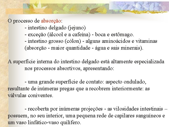 O processo de absorção: - intestino delgado (jejuno) - exceção (álcool e a cafeína)