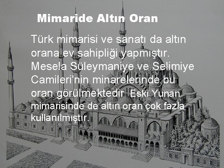 Mimaride Altın Oran Türk mimarisi ve sanatı da altın orana ev sahipliği yapmıştır. Mesela