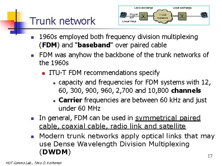 Trunk network n n Local loop 1960 s employed both frequency division multiplexing (FDM)