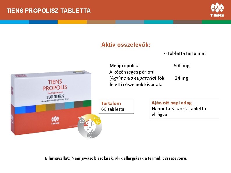 TIENS PROPOLISZ TABLETTA Aktív összetevők: 6 tabletta tartalma: Méhpropolisz A közönséges párlófű (Agrimonia eupatoria)