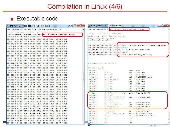 Compilation in Linux (4/6) Executable code 24 