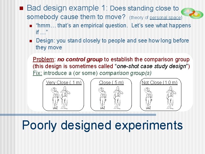 n Bad design example 1: Does standing close to somebody cause them to move?