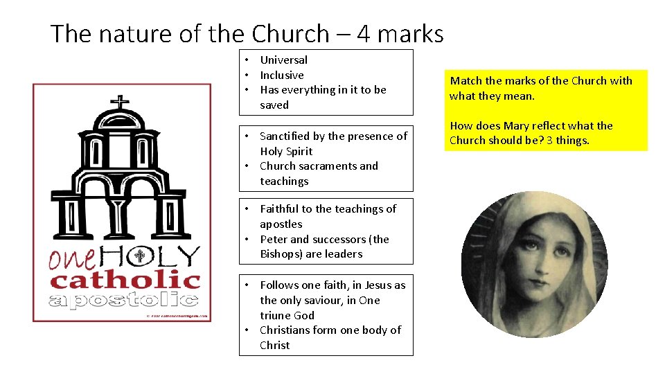 The nature of the Church – 4 marks • Universal • Inclusive • Has