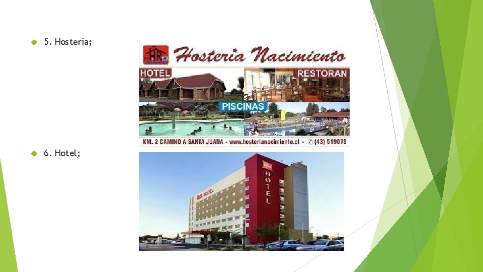  5. Hostería; 6. Hotel; 