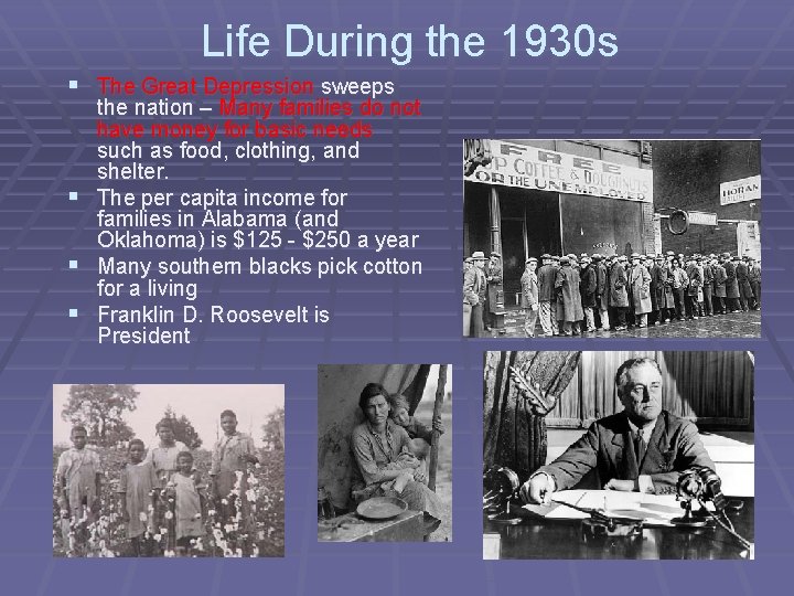 Life During the 1930 s § The Great Depression sweeps § § § the