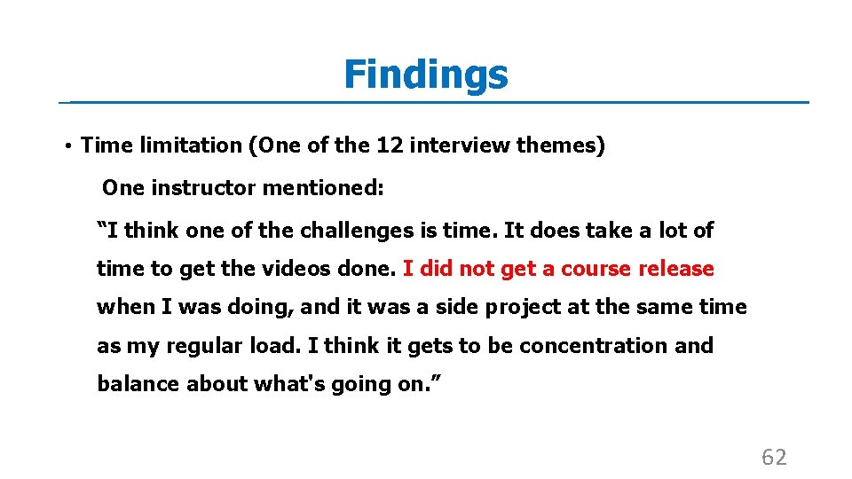 Findings • Time limitation (One of the 12 interview themes) One instructor mentioned: “I