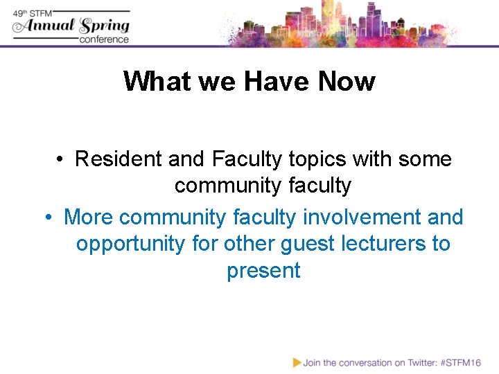 What we Have Now • Resident and Faculty topics with some community faculty •