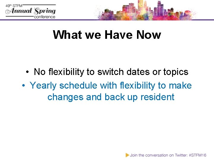 What we Have Now • No flexibility to switch dates or topics • Yearly