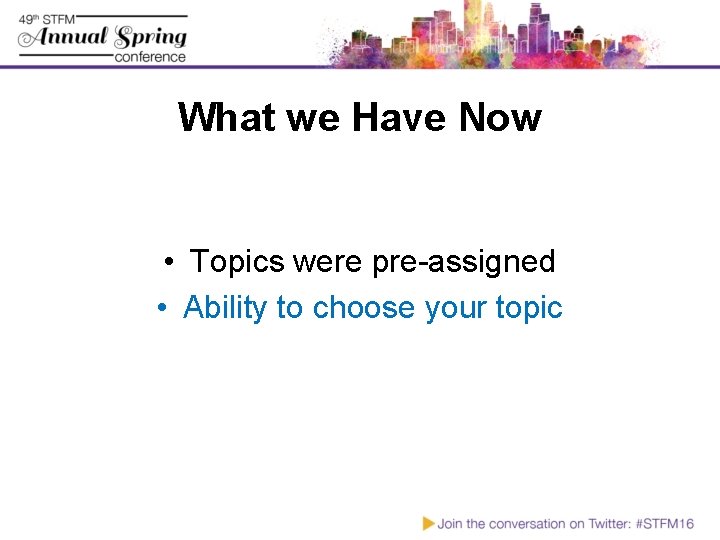 What we Have Now • Topics were pre-assigned • Ability to choose your topic