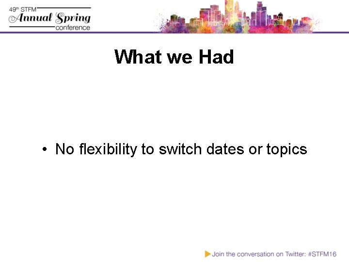 What we Had • No flexibility to switch dates or topics 