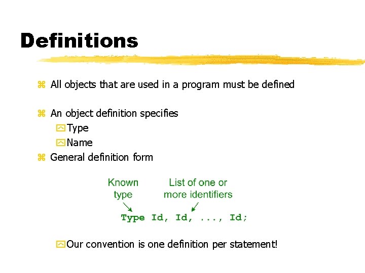 Definitions z All objects that are used in a program must be defined z