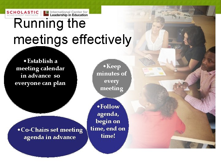 Running the meetings effectively • Establish a meeting calendar in advance so everyone can