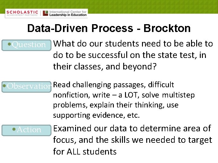 Data-Driven Process - Brockton • Question What do our students need to be able