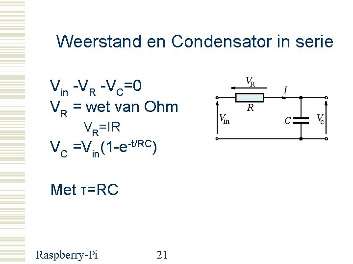 Weerstand en Condensator in serie Vin -VR -VC=0 VR = wet van Ohm VR=IR