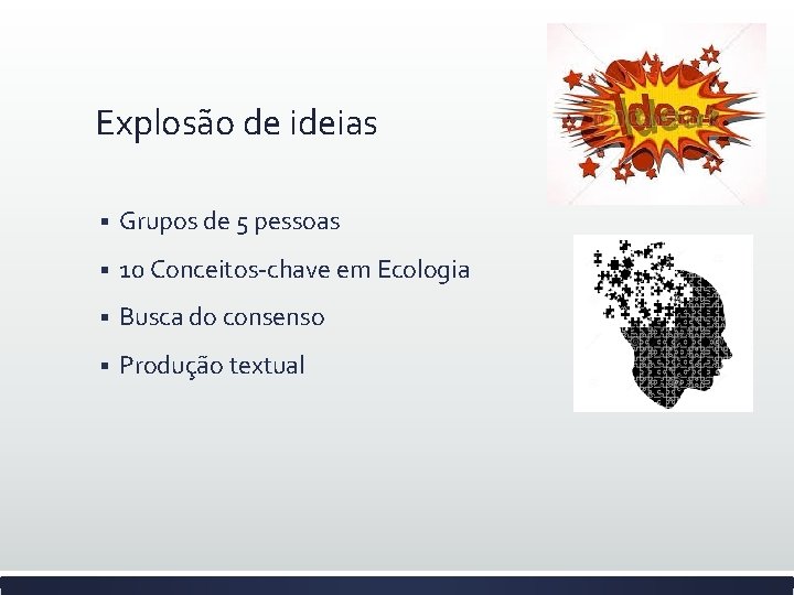 Explosão de ideias § Grupos de 5 pessoas § 10 Conceitos-chave em Ecologia §