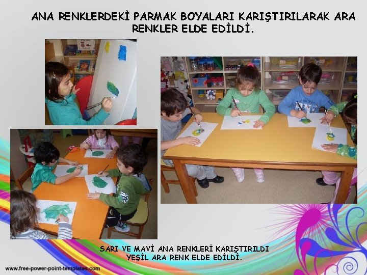 ANA RENKLERDEKİ PARMAK BOYALARI KARIŞTIRILARAK ARA RENKLER ELDE EDİLDİ. SARI VE MAVİ ANA RENKLERİ