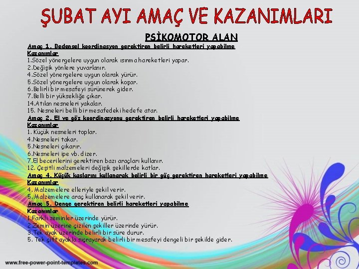 PSİKOMOTOR ALAN Amaç 1. Bedensel koordinasyon gerektiren belirli hareketleri yapabilme Kazanımlar 1. Sözel yönergelere