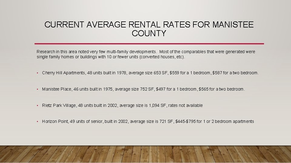 CURRENT AVERAGE RENTAL RATES FOR MANISTEE COUNTY Research in this area noted very few