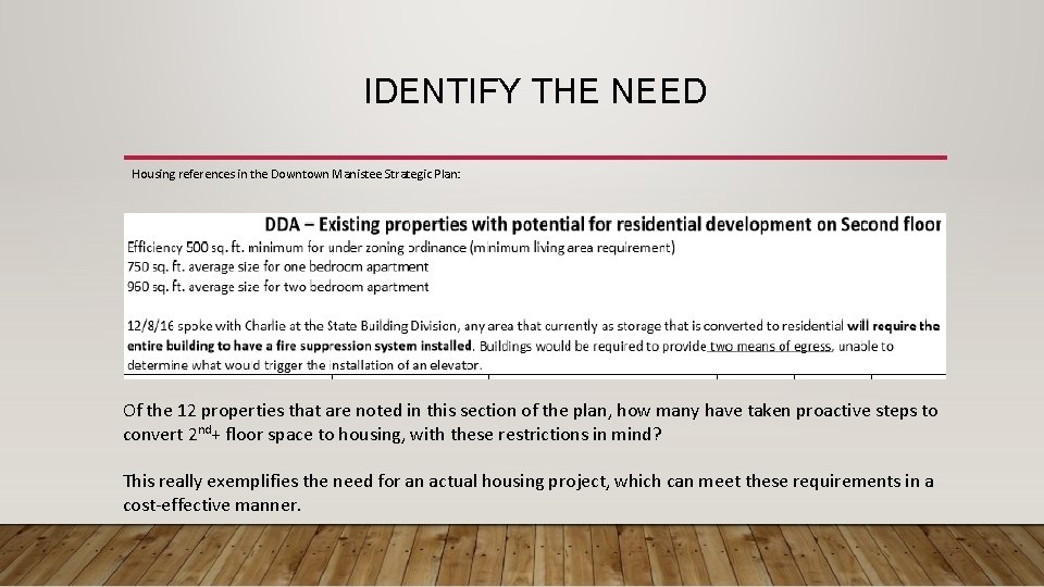 IDENTIFY THE NEED Housing references in the Downtown Manistee Strategic Plan: Of the 12
