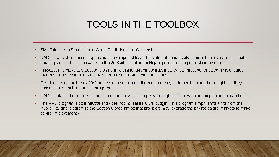 TOOLS IN THE TOOLBOX • Five Things You Should Know About Public Housing Conversions: