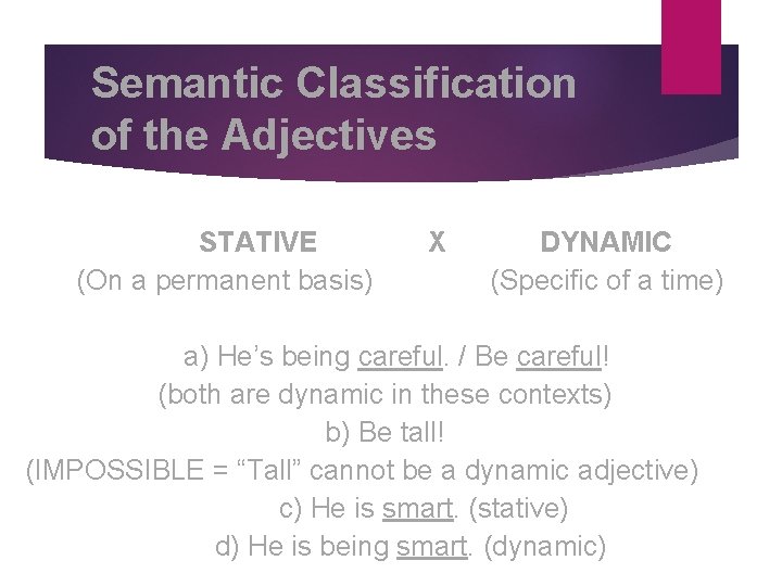 Semantic Classification of the Adjectives STATIVE (On a permanent basis) X DYNAMIC (Specific of