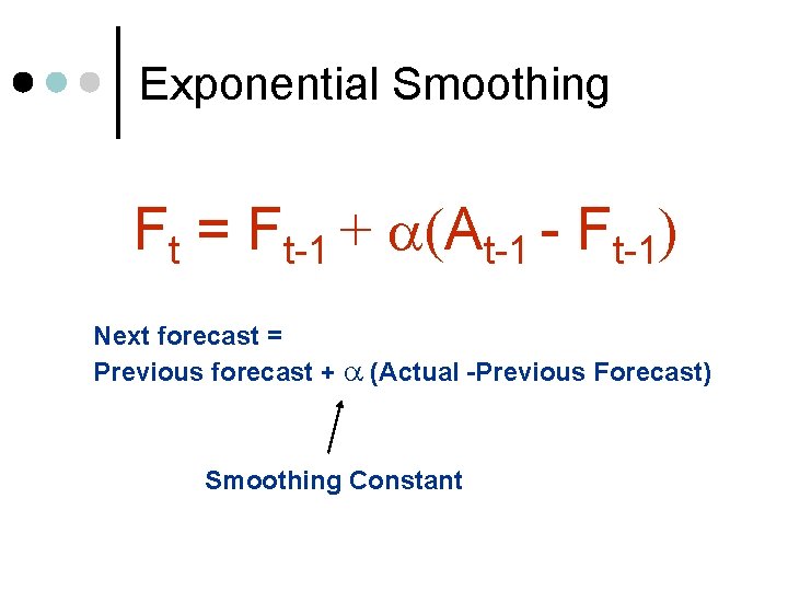Exponential Smoothing Ft = Ft-1 + (At-1 - Ft-1) Next forecast = Previous forecast