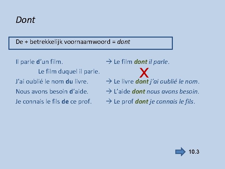 Dont De + betrekkelijk voornaamwoord = dont Il parle d’un film. Le film duquel