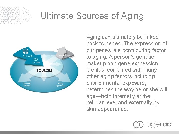 Ultimate Sources of Aging can ultimately be linked back to genes. The expression of