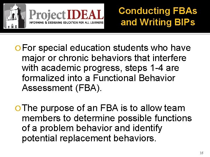 Conducting FBAs and Writing BIPs For special education students who have major or chronic