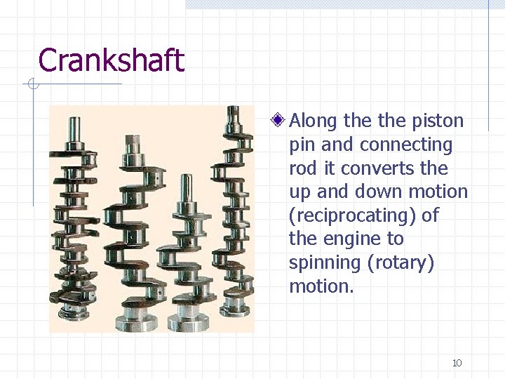 Crankshaft Along the piston pin and connecting rod it converts the up and down