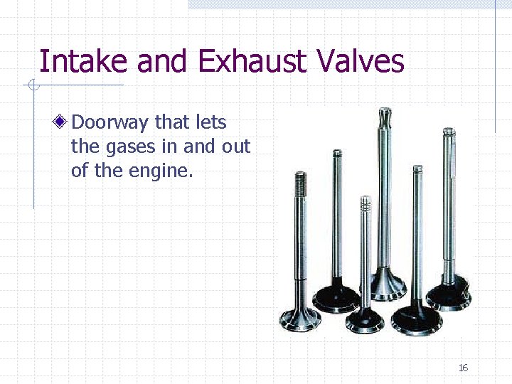 Intake and Exhaust Valves Doorway that lets the gases in and out of the