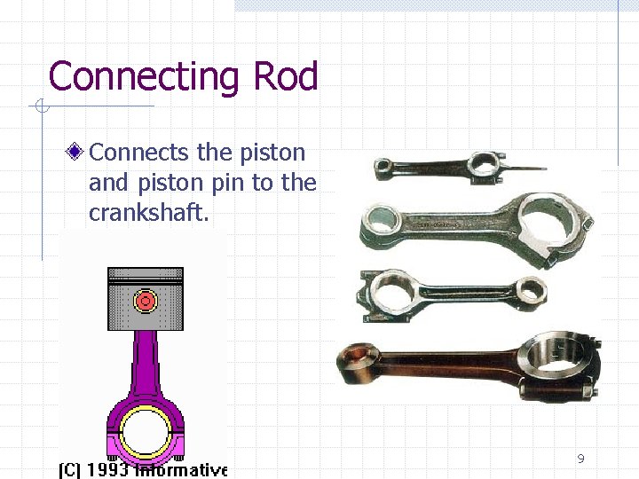 Connecting Rod Connects the piston and piston pin to the crankshaft. 9 