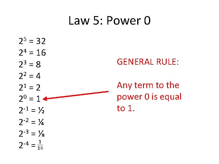 Law 5: Power 0 25 = 32 24 = 16 23 = 8 22