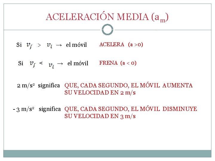 ACELERACIÓN MEDIA (am) Si > → el móvil ACELERA (a >0) Si < →
