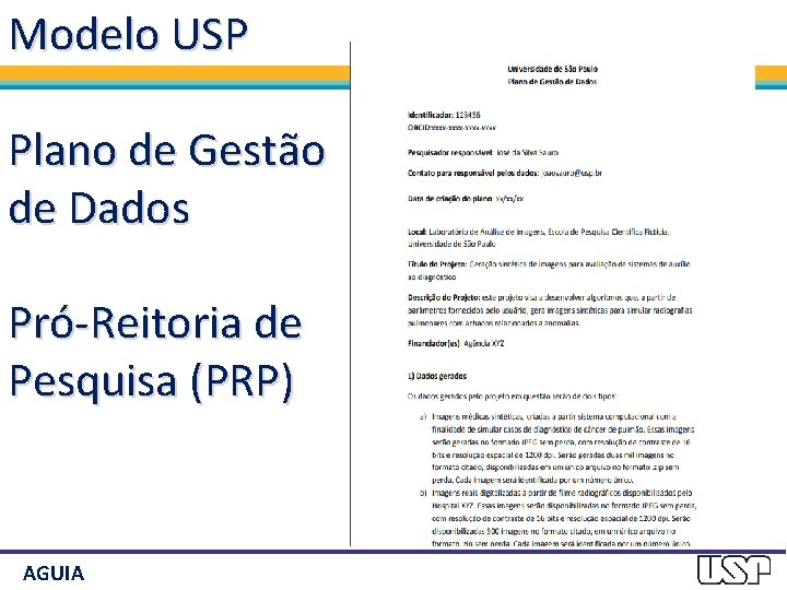 Modelo USP Plano de Gestão de Dados Pró-Reitoria de Pesquisa (PRP) AGUIA 