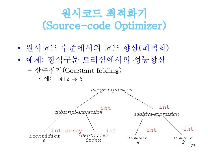 원시코드 최적화기 (Source-code Optimizer) • 원시코드 수준에서의 코드 향상(최적화) • 예제: 장식구문 트리상에서의 성능향상