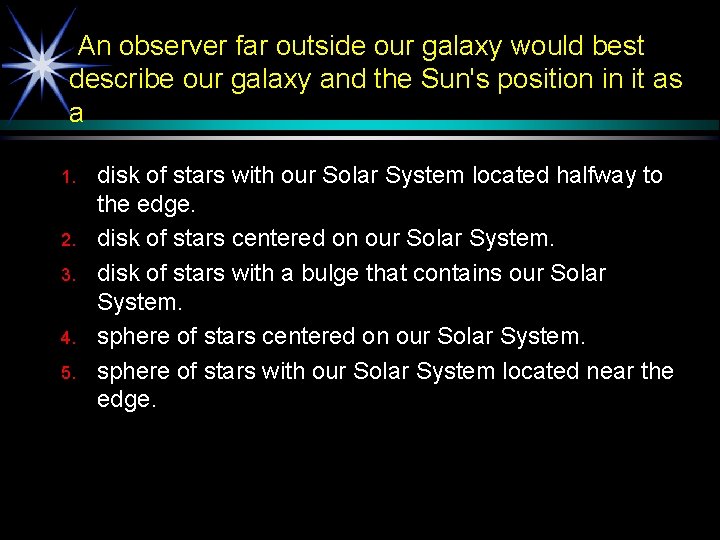 An observer far outside our galaxy would best describe our galaxy and the Sun's