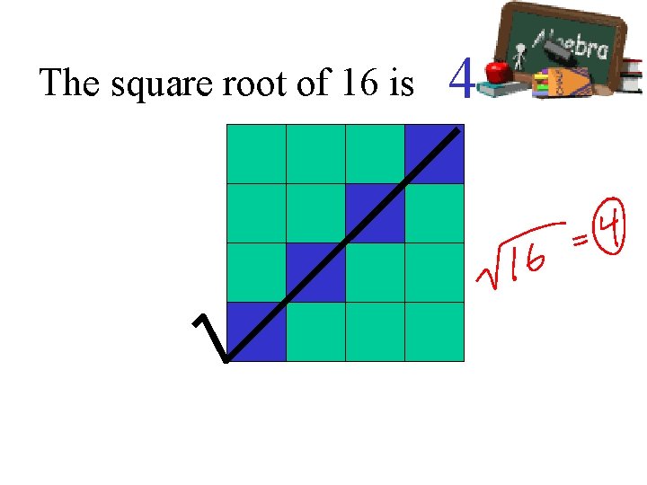 The square root of 16 is 4 The square root of 16 is 4