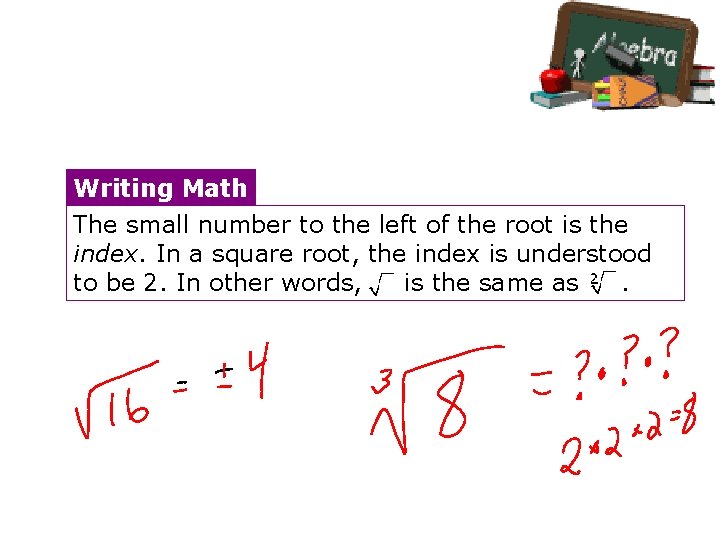 Writing Math The small number to the left of the root is the index.