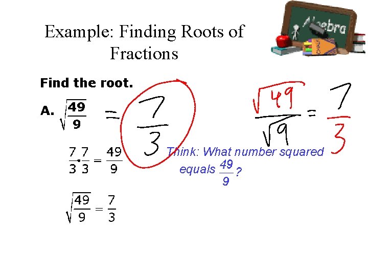 Example: Finding Roots of Fractions Find the root. A. Think: What number squared equals Example: Finding Roots of Fractions Find the root. A. Think: What number squared equals