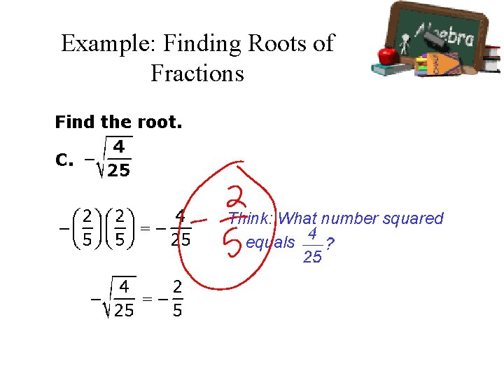 Example: Finding Roots of Fractions Find the root. C. Think: What number squared equals Example: Finding Roots of Fractions Find the root. C. Think: What number squared equals