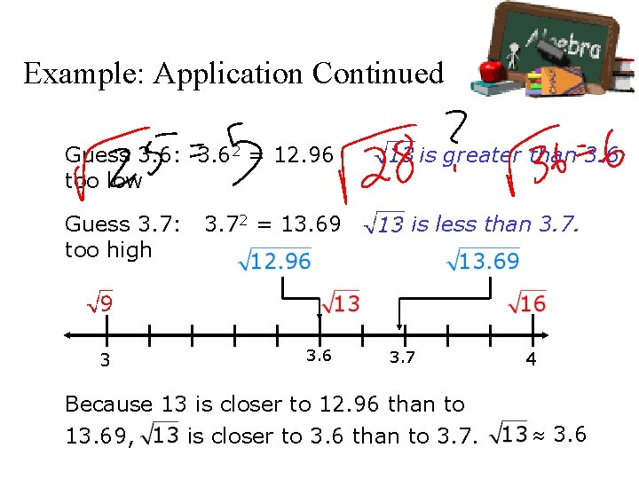 Example: Application Continued is greater than 3. 6. Guess 3. 6: 3. 62 =