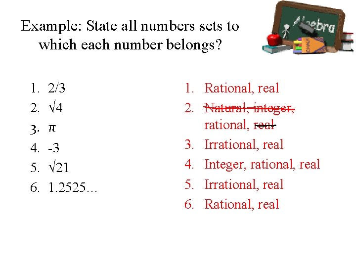 Example: State all numbers sets to which each number belongs? 1. 2. 3. 4. Example: State all numbers sets to which each number belongs? 1. 2. 3. 4.