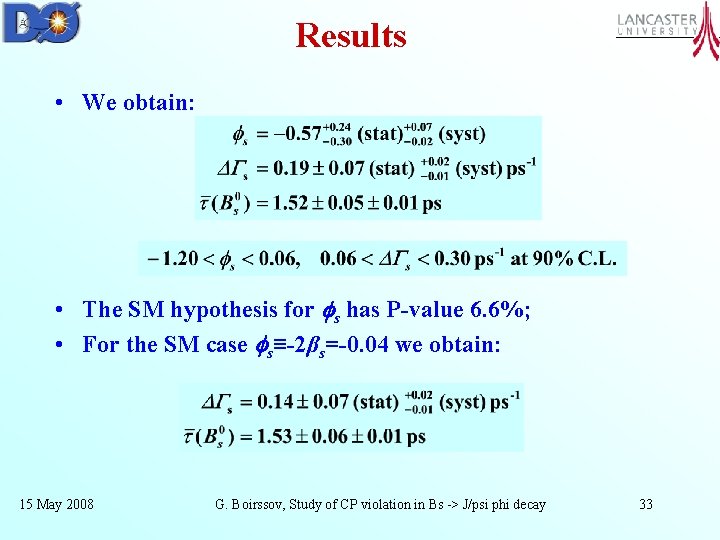 Results • We obtain: • The SM hypothesis for s has P-value 6. 6%;