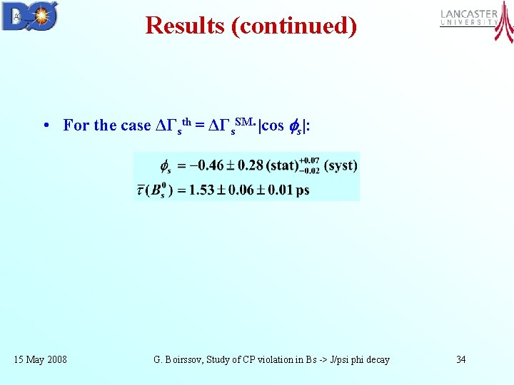 Results (continued) • For the case ΔΓsth = ΔΓs. SM·|cos s|: 15 May 2008