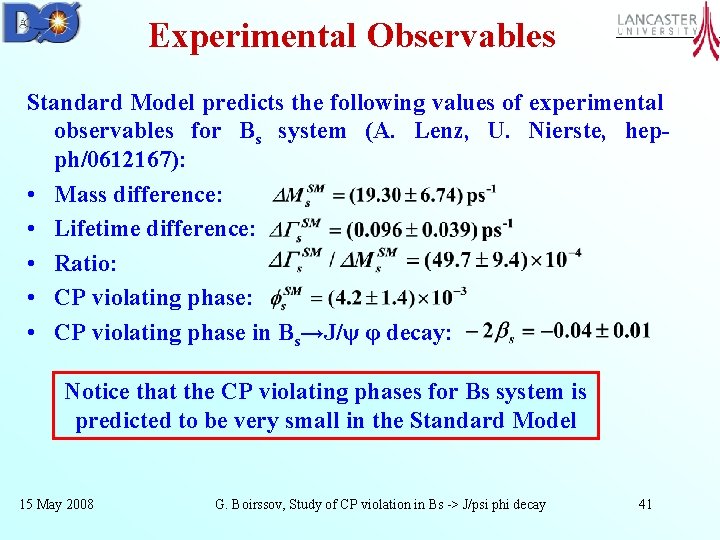 Experimental Observables Standard Model predicts the following values of experimental observables for Bs system