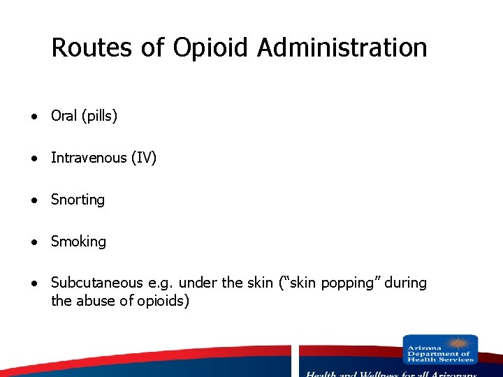 Routes of Opioid Administration · Oral (pills) · Intravenous (IV) · Snorting · Smoking